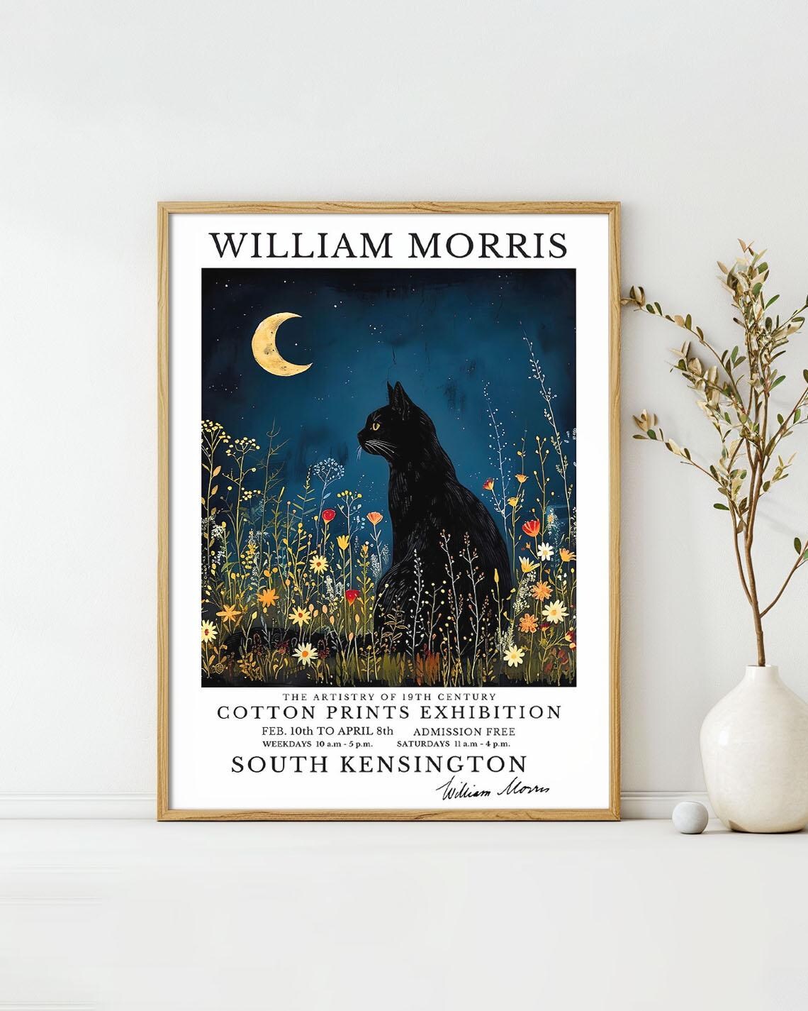 William Morris Black Cat Moonlit Garden Cotton Prints Exhibition Poster