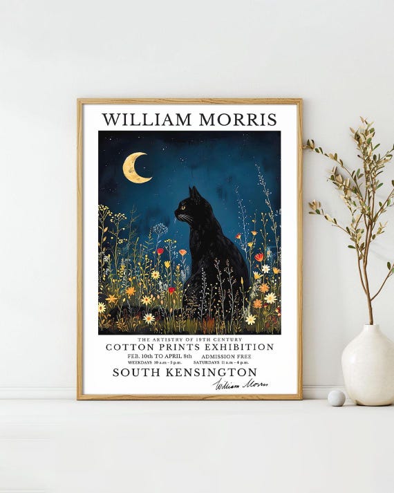 William Morris Posters Black Cat Moon Animal Art Print Vintage Exhibition Wall Deco William Morris Exhibition Poster