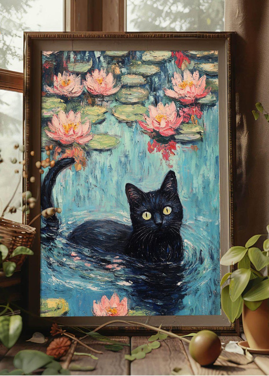 Black Cat Swimming Pink Water Lilies Impressionist Cat Poster - Image 2