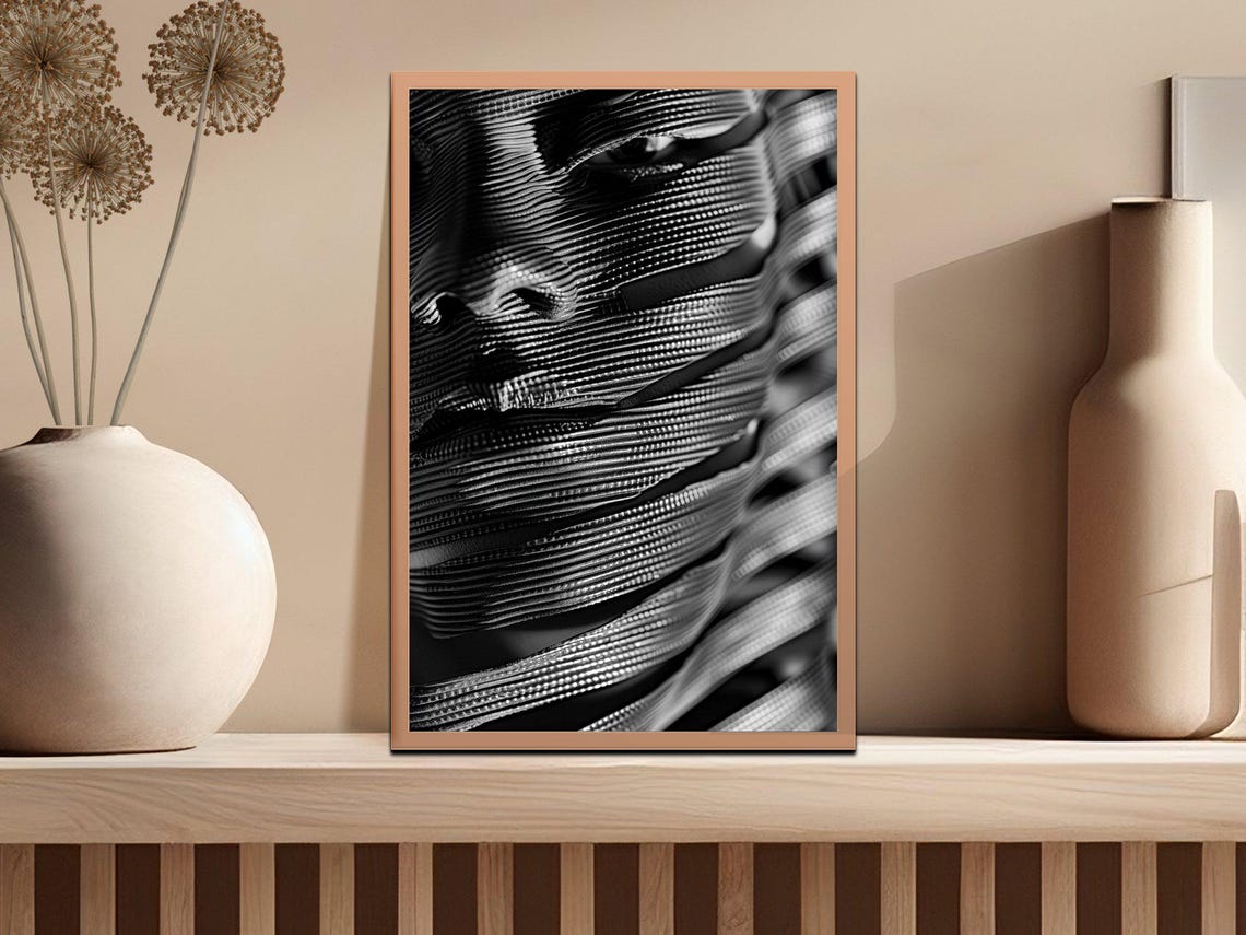 Dramatic Black And White Portrait With Flowing Stripe Art Poster - Image 2
