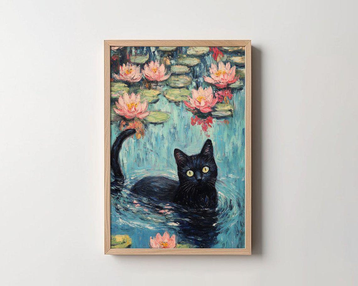Black Cat Swimming Pink Water Lilies Impressionist Cat Poster
