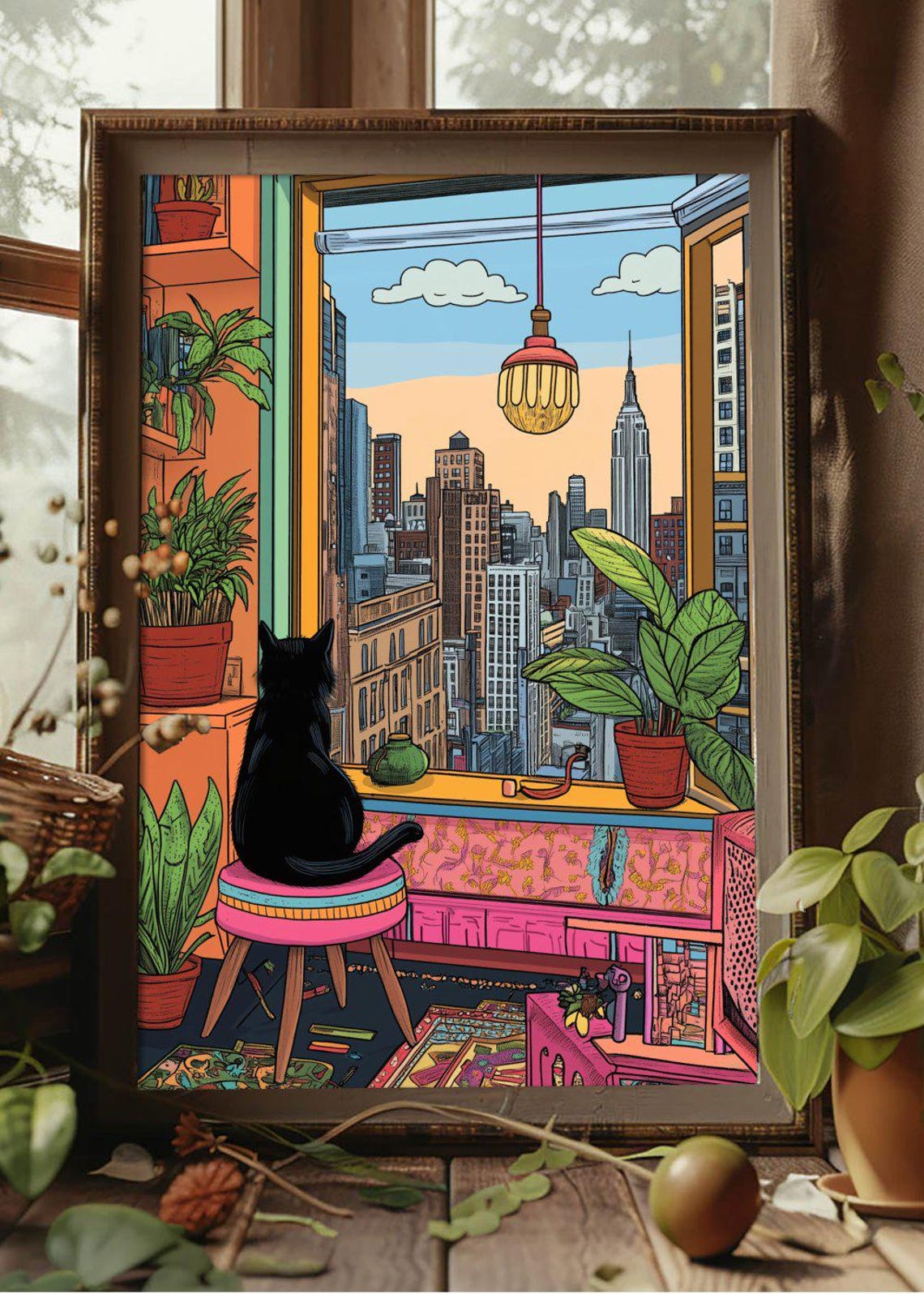 Colorful Comic Style Black Cat at Open Window City View Poster - Image 2
