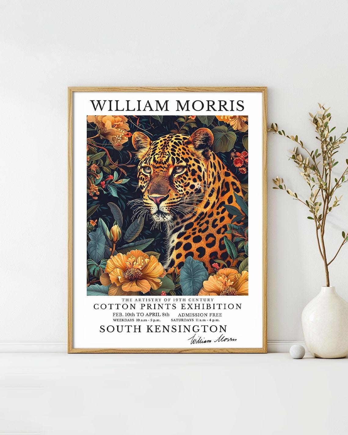 William Morris Leopard Portrait Gold Flowers Cotton Prints Art Poster