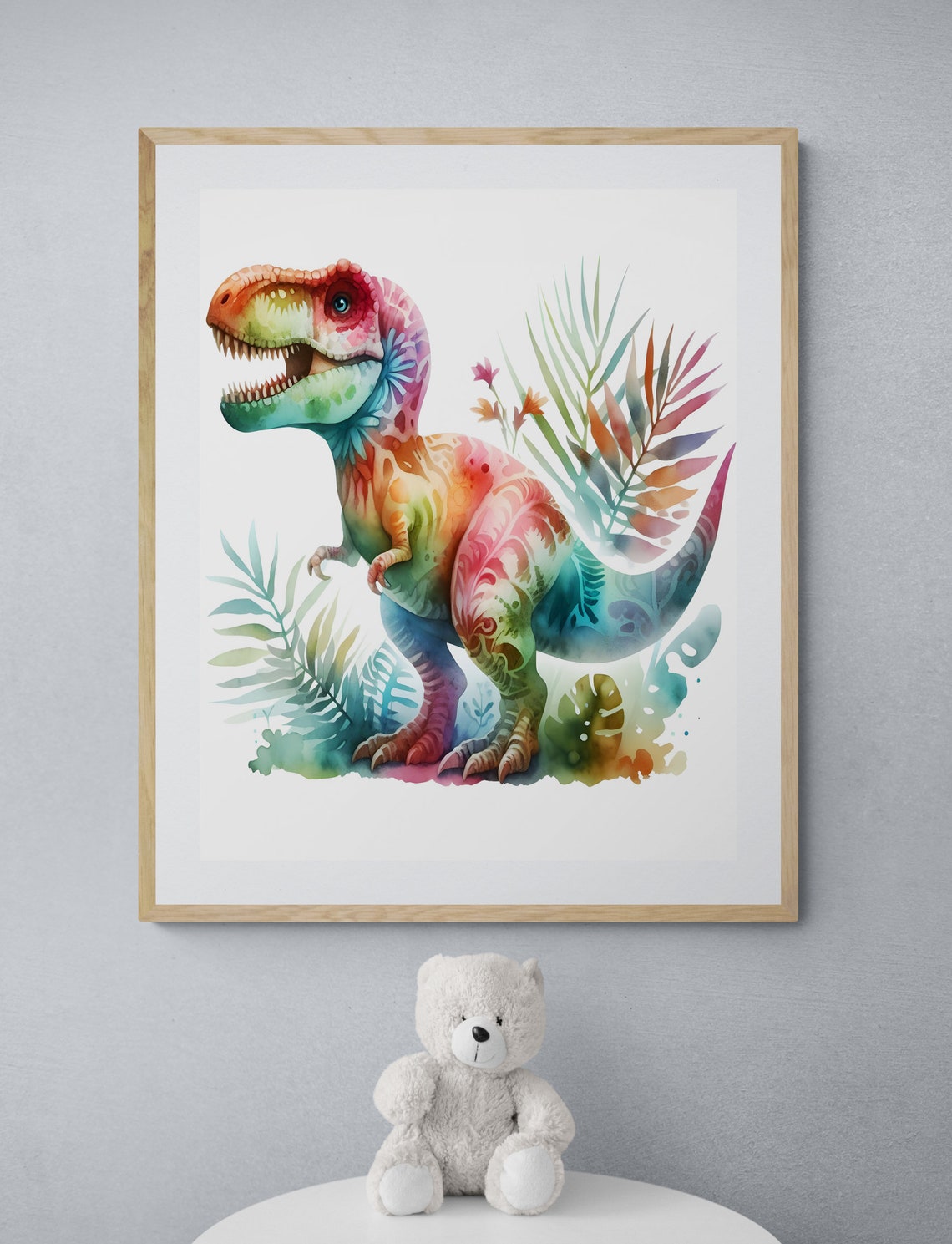 Rainbow T Rex Watercolor Colorful Dinosaur Nursery Decor Poster - Image 2