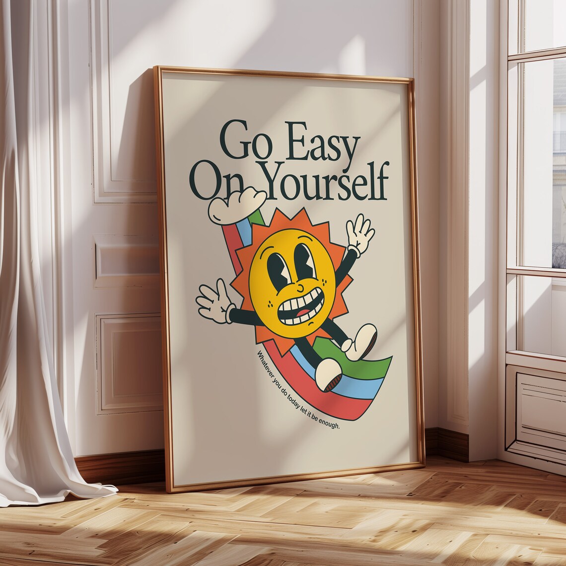 Go Easy On Yourself Colorful Retro Sun Character Mental Health Poster - Image 4