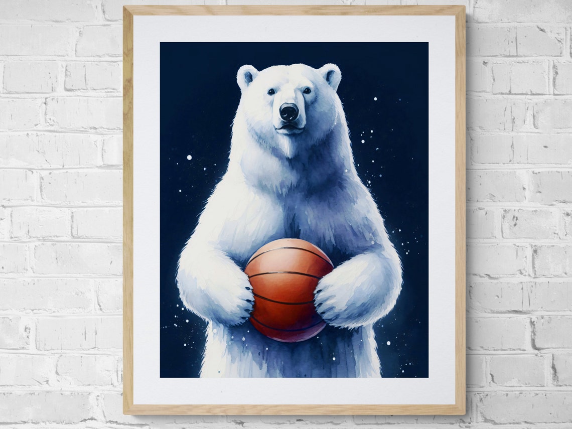 Polar Bear Holding Basketball Cute Watercolor Nursery Animal Wall Art