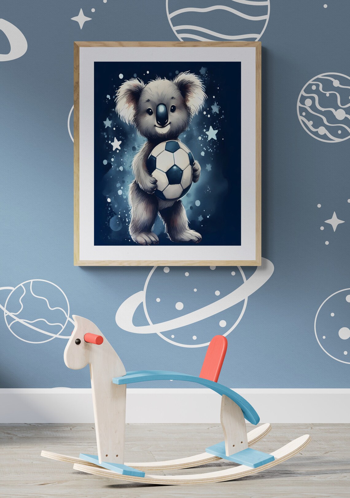 Koala Holding Soccer Ball Navy Starry Watercolor Nursery Sports Poster - Image 3