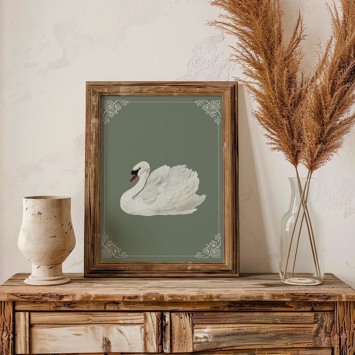 White Swan On Sage Green Vintage Cottagecore Animal Art Poster - Image 4