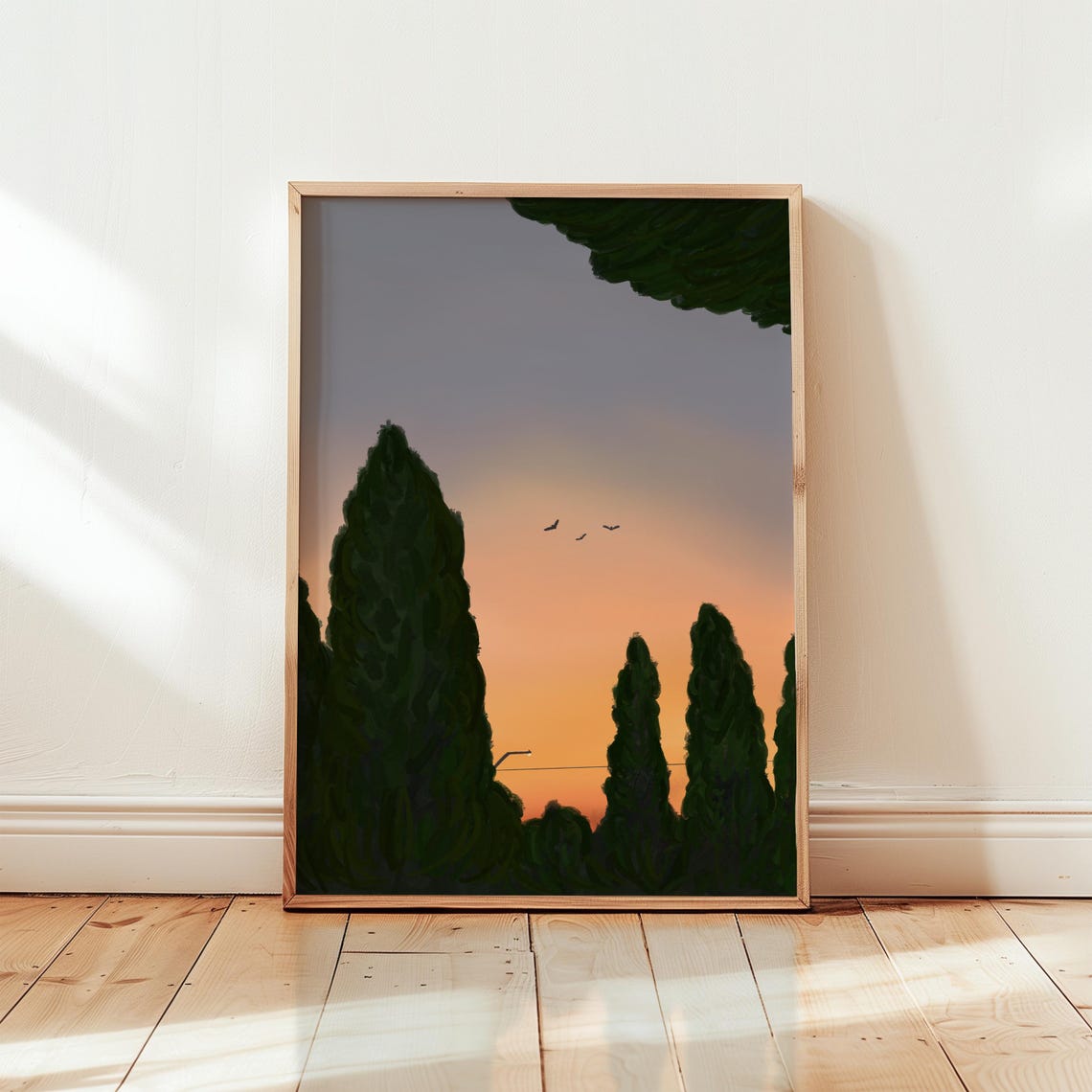 Cypress Trees Sunset Silhouette Birds Warm Orange Sky Art Poster