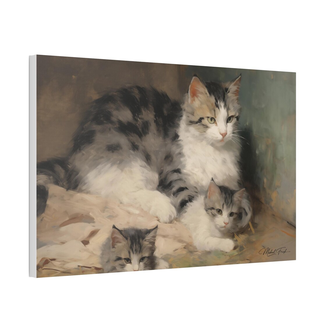 Mother Tabby Cat and Kittens Vintage Oil Painting Style Poster - Image 5