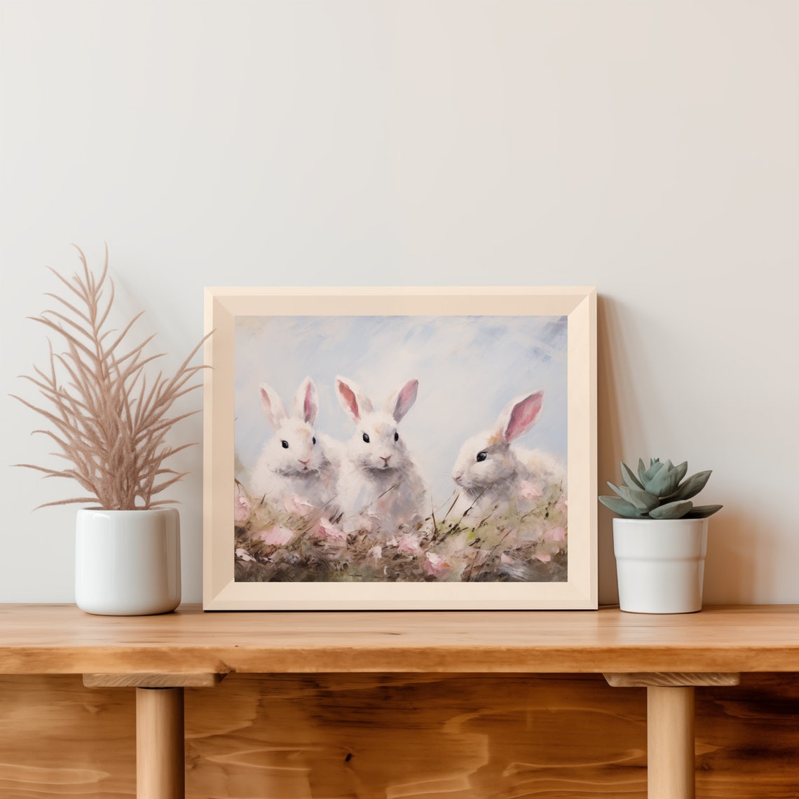 Three White Bunnies in a Spring Meadow Soft Watercolor Poster - Image 3