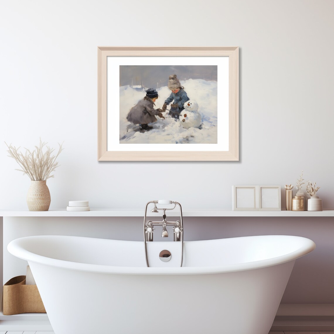 Children Making a Snowman, Vintage Landscape Art Print - Image 3