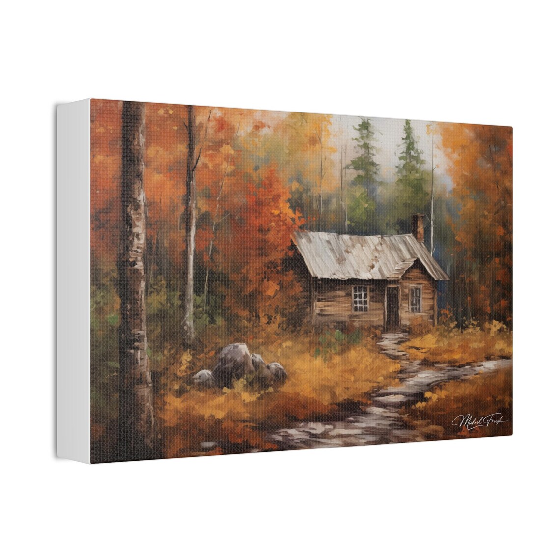Cozy Log Cabin in Autumn Woods by Stream Fall Foliage Poster - Image 3