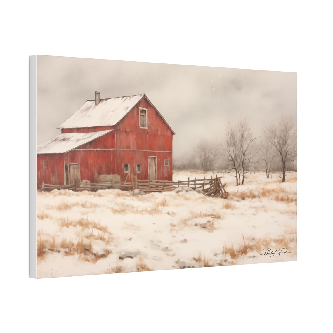 Red Barn in Falling Snow Winter Farmhouse Scene Painting Poster - Image 5