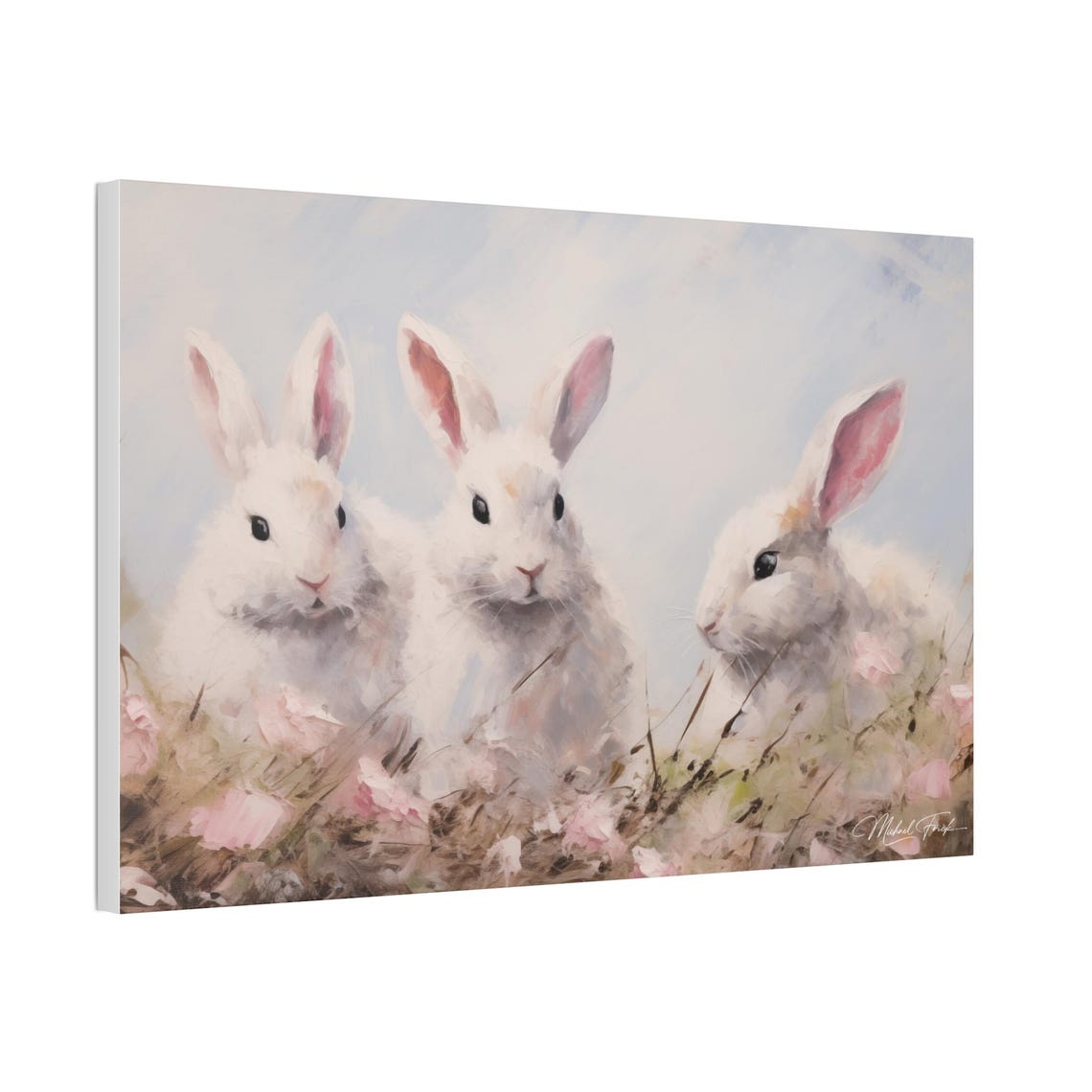 Three Fluffy White Bunnies Among Pink Meadow Flowers Art Print - Image 5