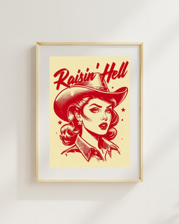 Raisin Hell Retro Cowgirl Pinup Rockabilly Red Western Girl Poster