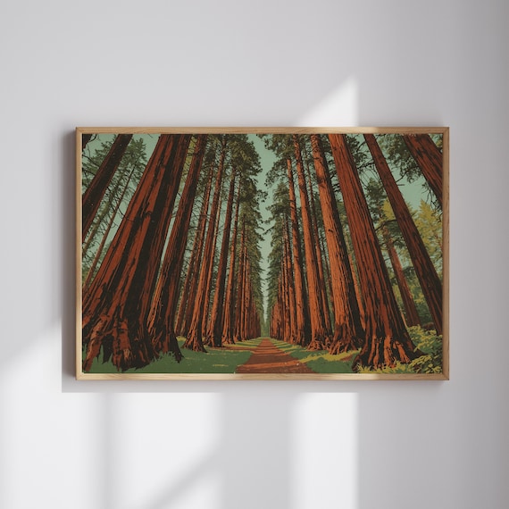 Towering Redwood Trees Vintage Travel Style Forest Landscape Poster
