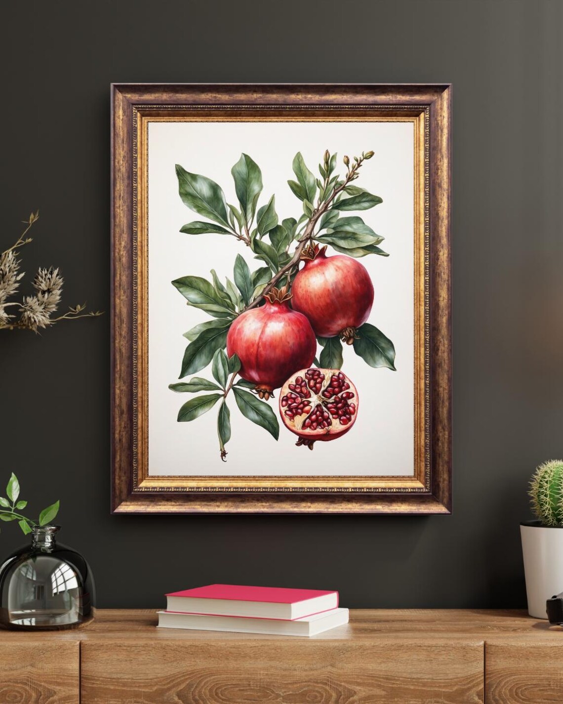 Pomegranate Branch Wall Art Watercolor Red Fruit Print Botanical Kitchen Decor Png