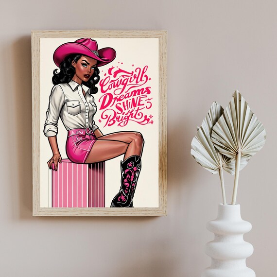 Cowgirl Dreams Shine Bright Pink Retro Western Pinup Rodeo Poster