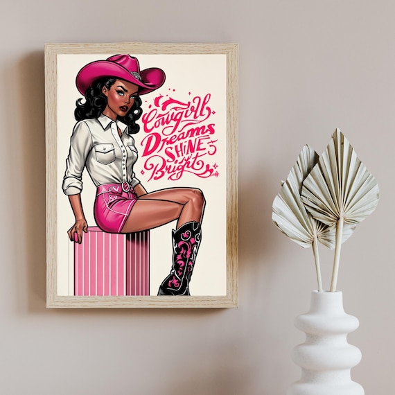 Cowgirl Dreams Shine Bright Pink Western Girl Wall Art Retro Rodeo Poster Feminine Decor