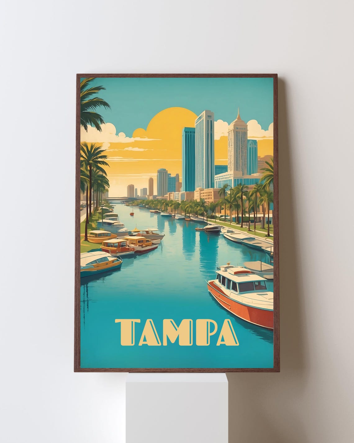 Tampa Retro Travel Poster Riverwalk Boats Skyline Florida Art