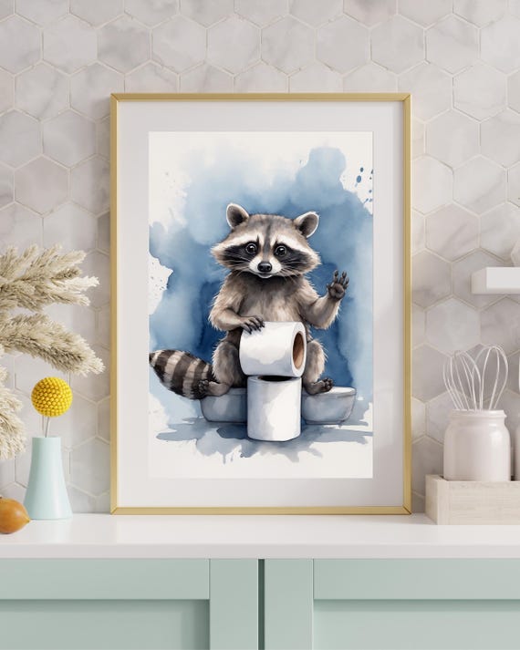 Funny Raccoon Bathroom Wall Art Watercolor Animal Print Decor