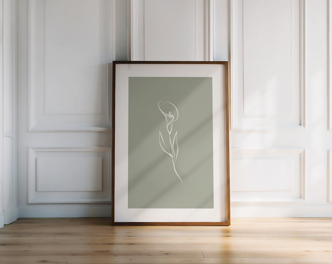 Sage Green Botanical Poster Delicate White Line Flower Leaf Design - Image 4