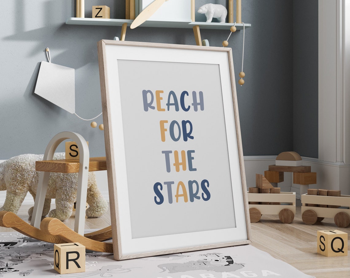 Reach For The Stars Kids Quote Blue Nursery Motivational Poster