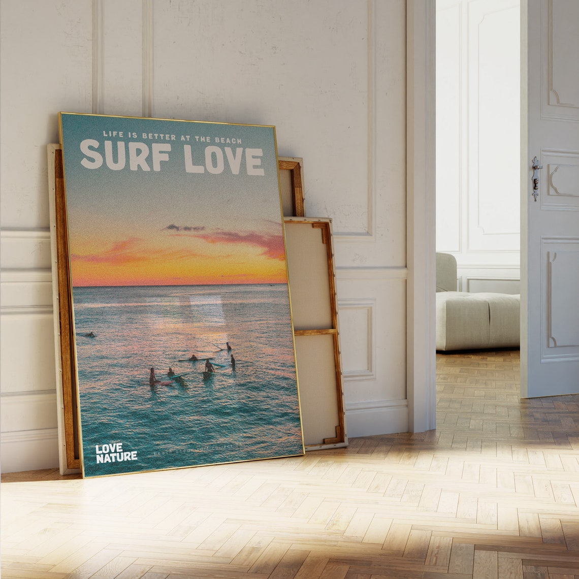 Surf Love Ocean Sunset Silhouetted Surfers Waves Beach Art Poster - Image 5