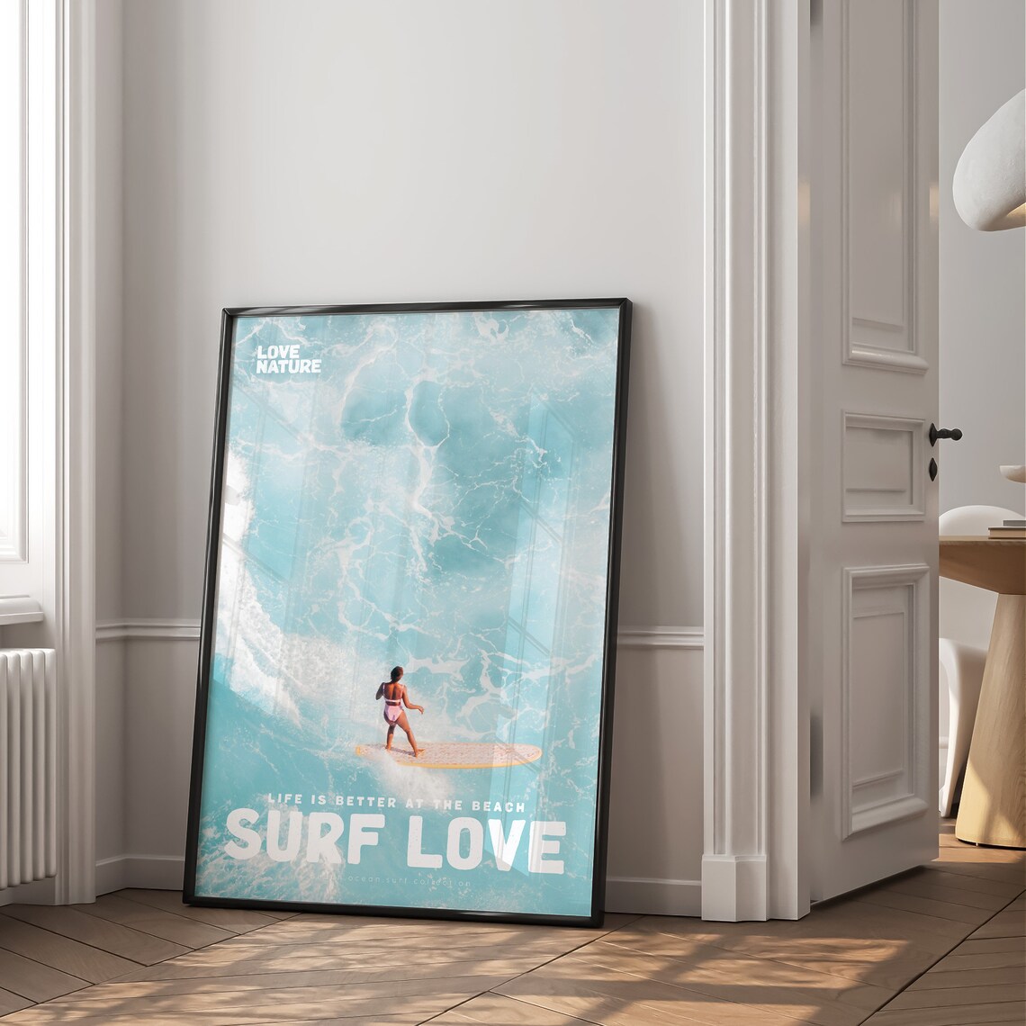 Surf Love Aerial Woman Surfer On Longboard Turquoise Ocean Poster - Image 2