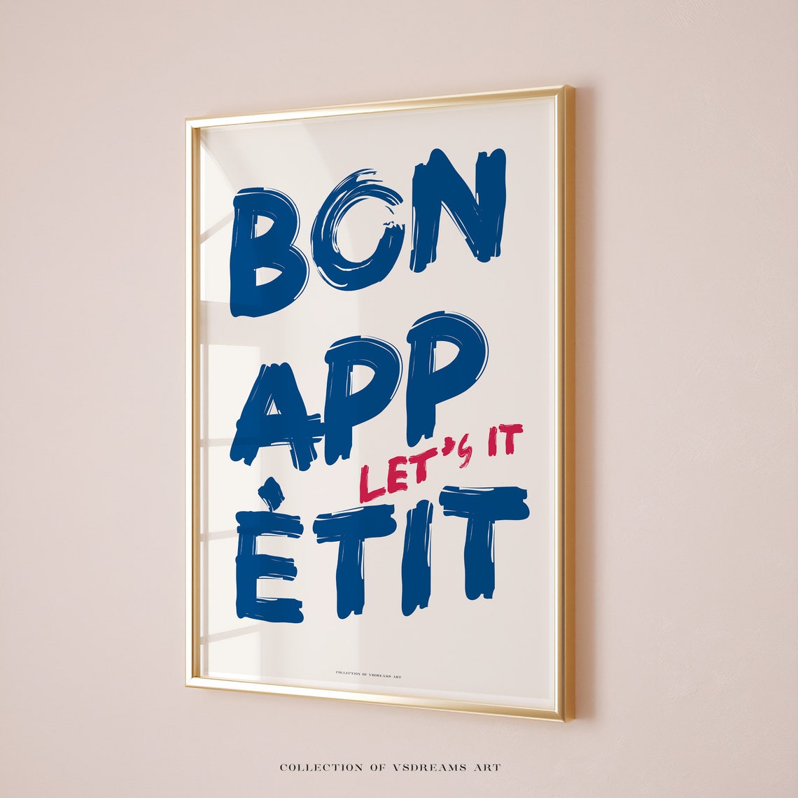 Bon Appetit Blue Hand Painted Brush Lettering Kitchen Quote Poster