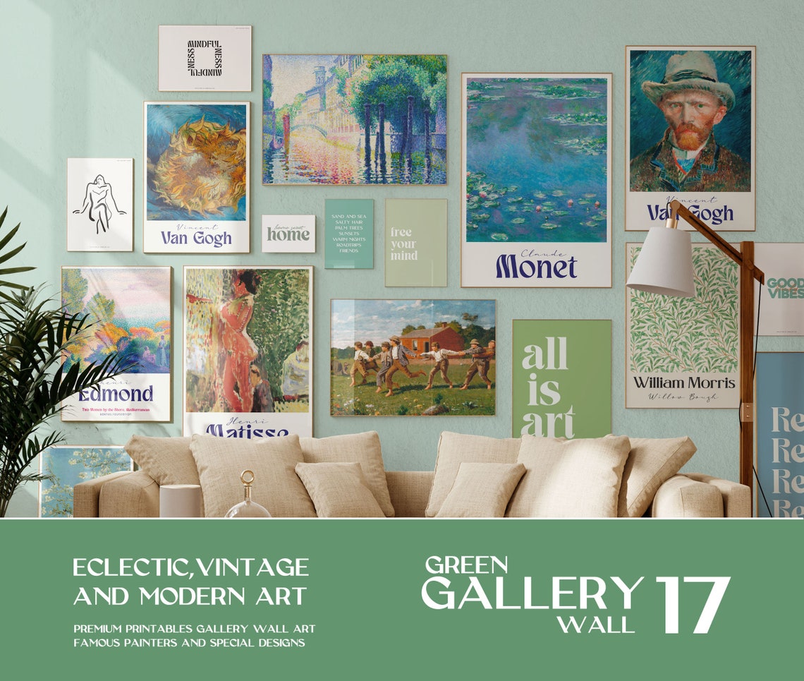 Green Eclectic Vintage and Modern Gallery Wall Set of 17 Poster