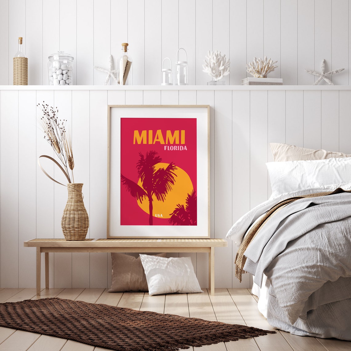 Miami Florida USA Red Sunset Palm Tree Silhouette Tropical Art Poster - Image 2