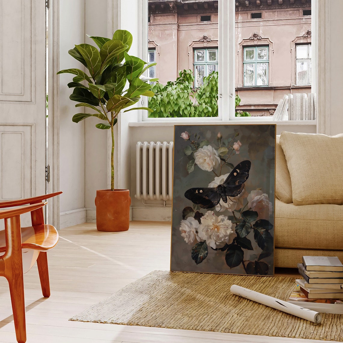 Black Moth White Roses Dark Floral Gothic Botanical Insect Poster - Image 4