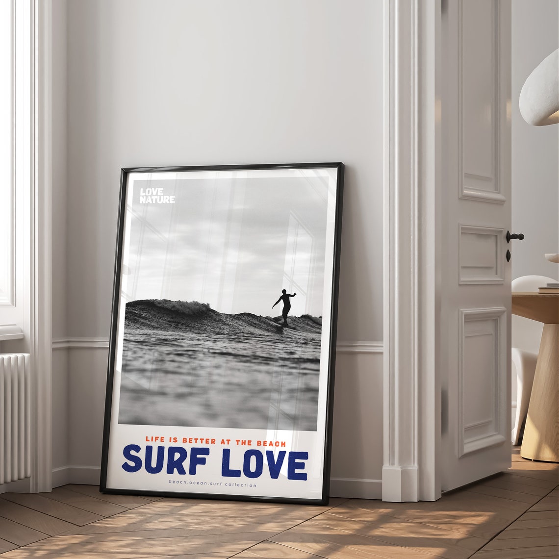 Surf Love Silhouette Surfer Riding Wave Black And White Photo Poster - Image 2