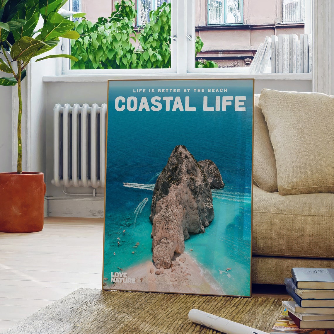 Coastal Life Aerial Sea Stack Turquoise Beach Boats Ocean Photo Poster - Image 5