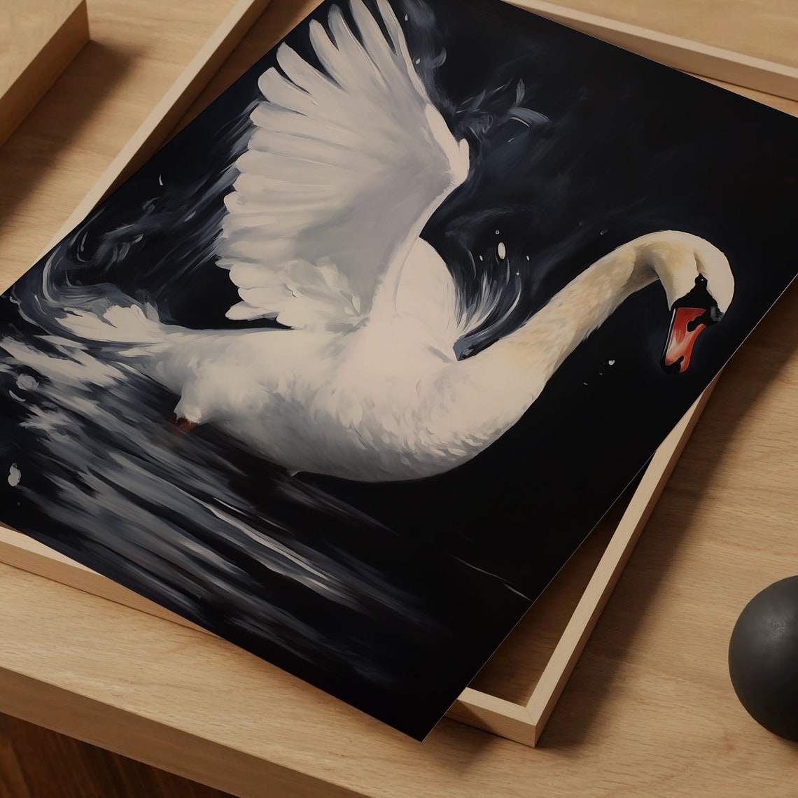 White Mute Swan Raised Wing Dark Water Moody Painting Poster - Image 5
