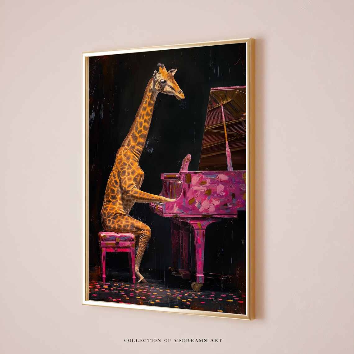 Giraffe Playing Pink Grand Piano Neon Splash Whimsical Music Art Poster