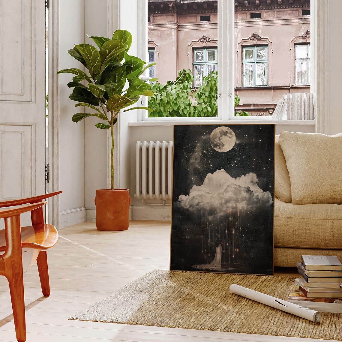 Woman Gazing At Moonlit Cloudy Sky Golden Light Celestial Painting Poster - Image 4