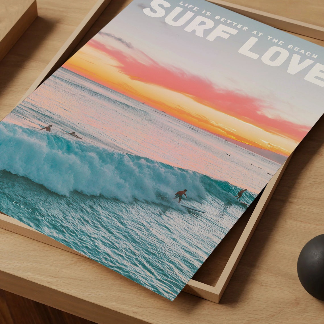 Surf Love Sunset Glow Over Breaking Wave Surfers Ocean Poster - Image 4