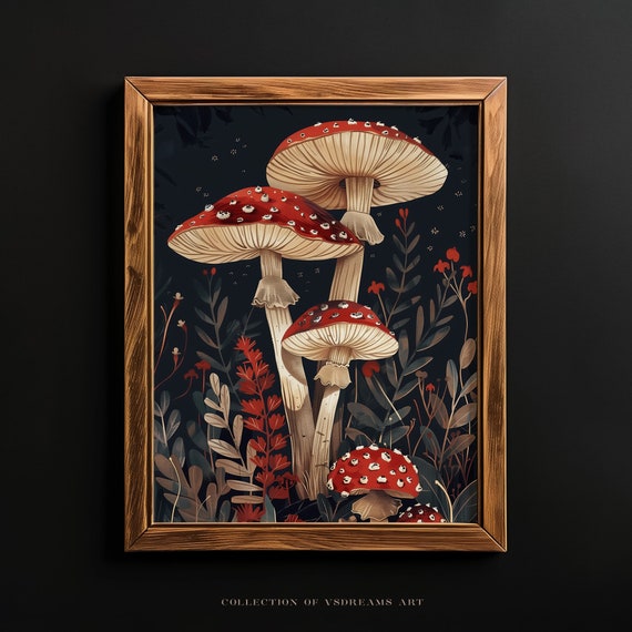 Woodland Mushrooms Goblincore Decore Dark Cottagecore Aesthetic Print Floral Dark Academia Gothic Painting Moody Mushroom Wall Print