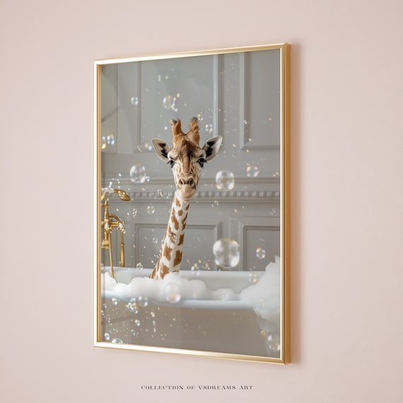 Giraffe Bubble Bath in Color Funny Whimsical Bathroom Poster