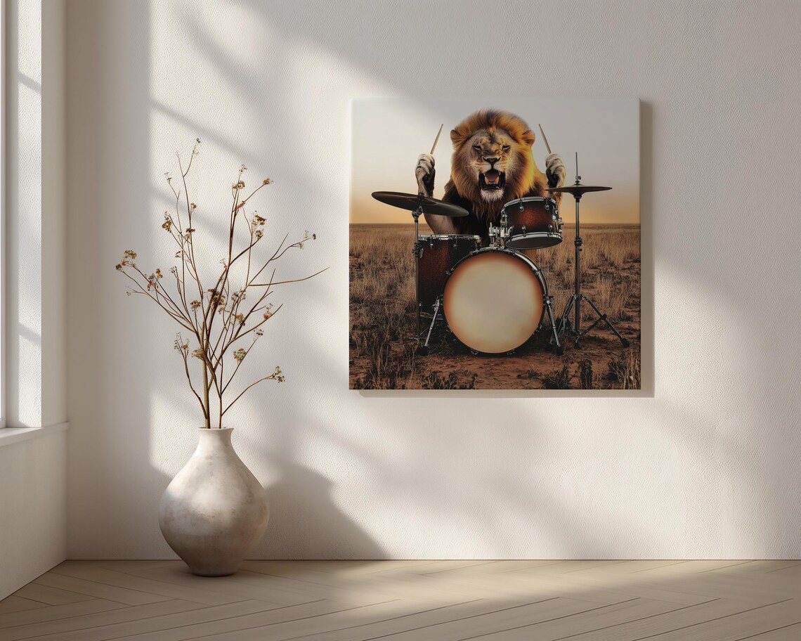 Lion Playing Drums, Abstract Music Studio Art - Image 2