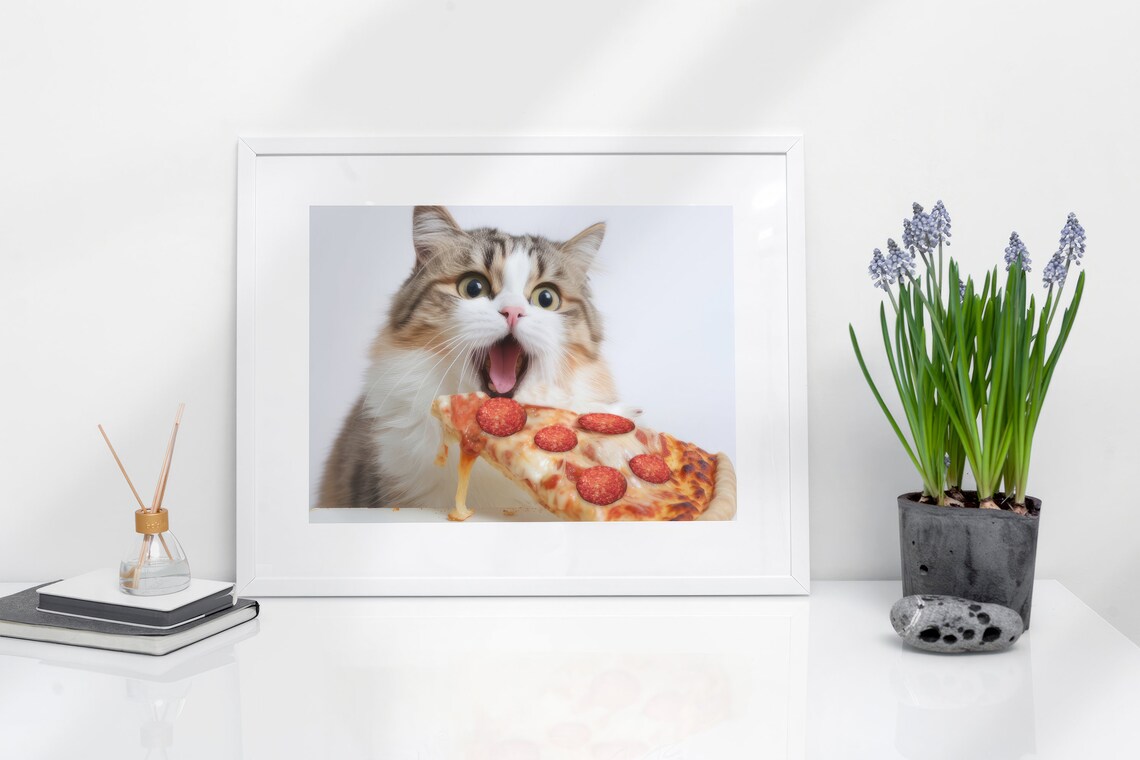 Cute Cat Eating Pizza, Funny Kitchen Art Print - Image 3
