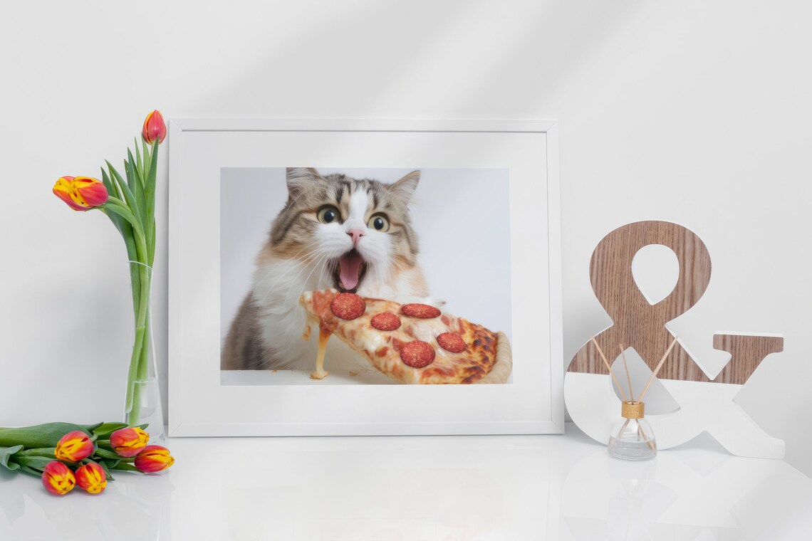Cute Cat Eating Pizza, Funny Kitchen Art Print - Image 2