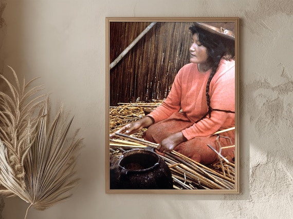 Bolivia Andean Woman Weaving Reeds Lake Titicaca Vintage Photo Poster
