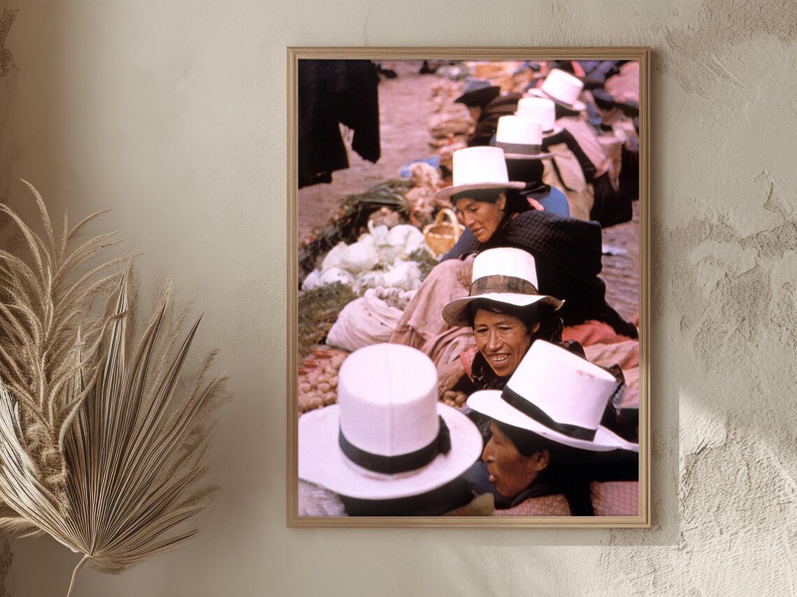Peru Andean Women White Bowler Hats Market Day Vintage Poster