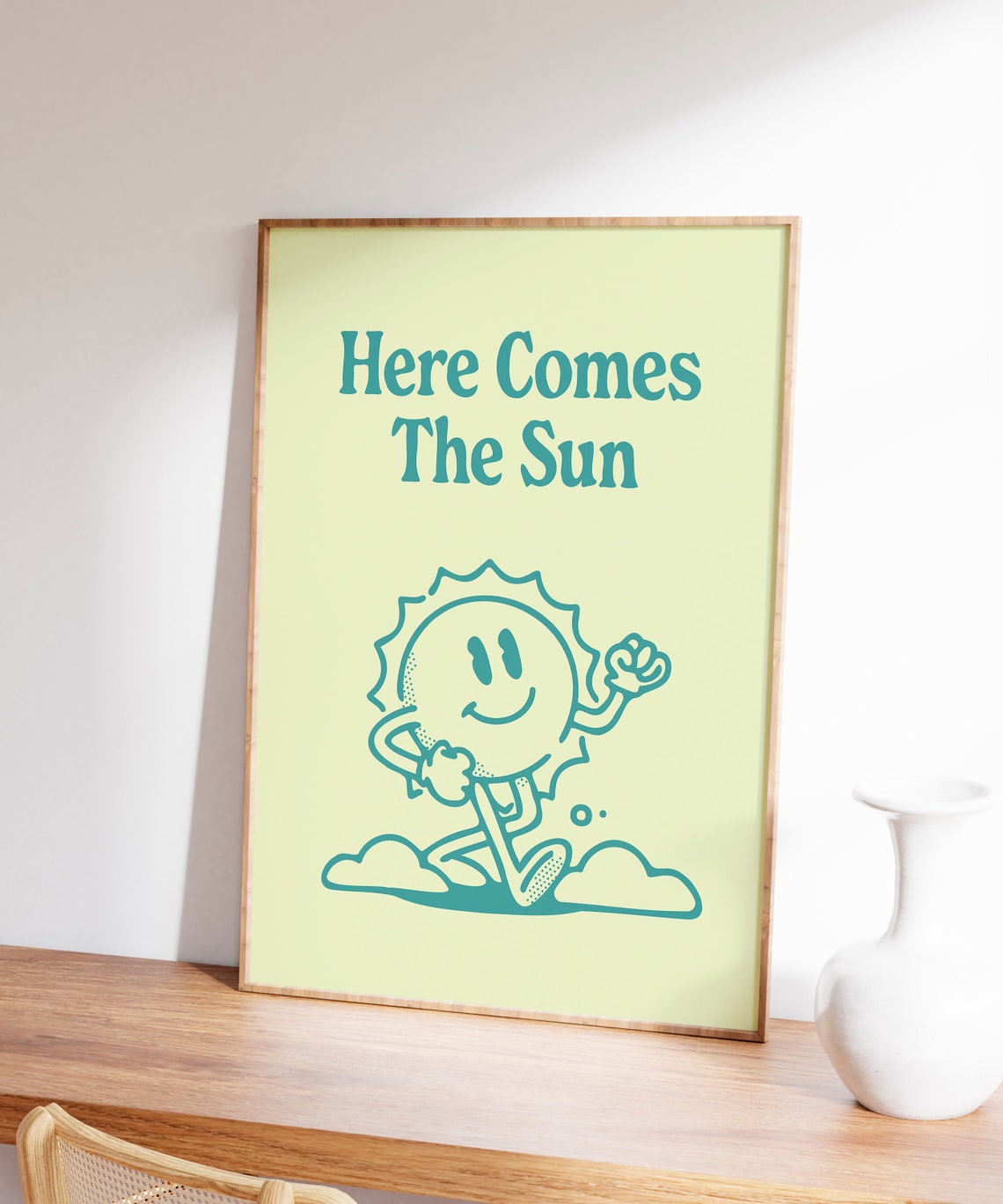 Here Comes The Sun Teal Retro Sun Mascot Lime Quote Wall Art - Image 4