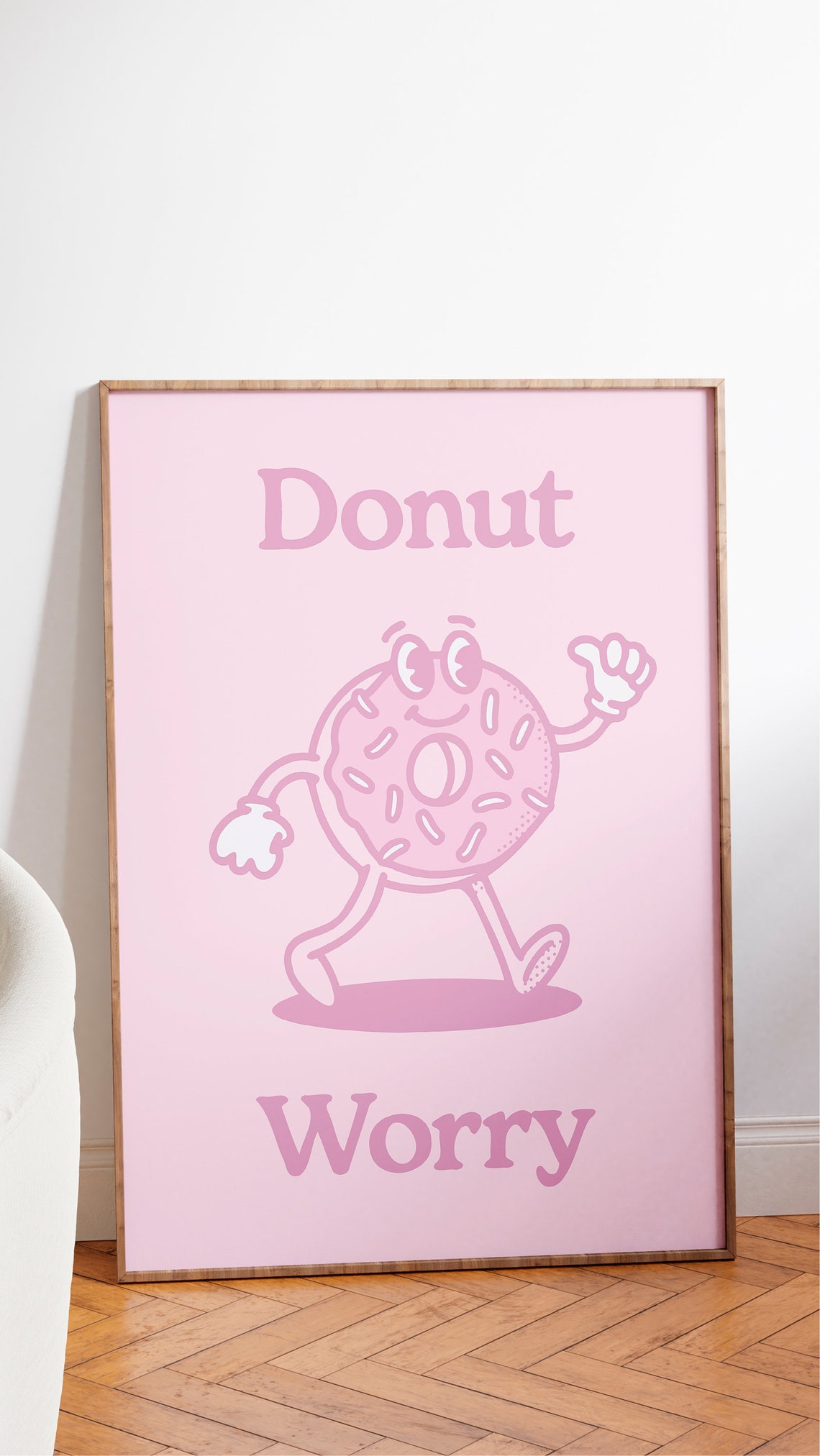 Donut Worry Pun Cute Smiling Sprinkled Donut Pink Cartoon Poster - Image 2