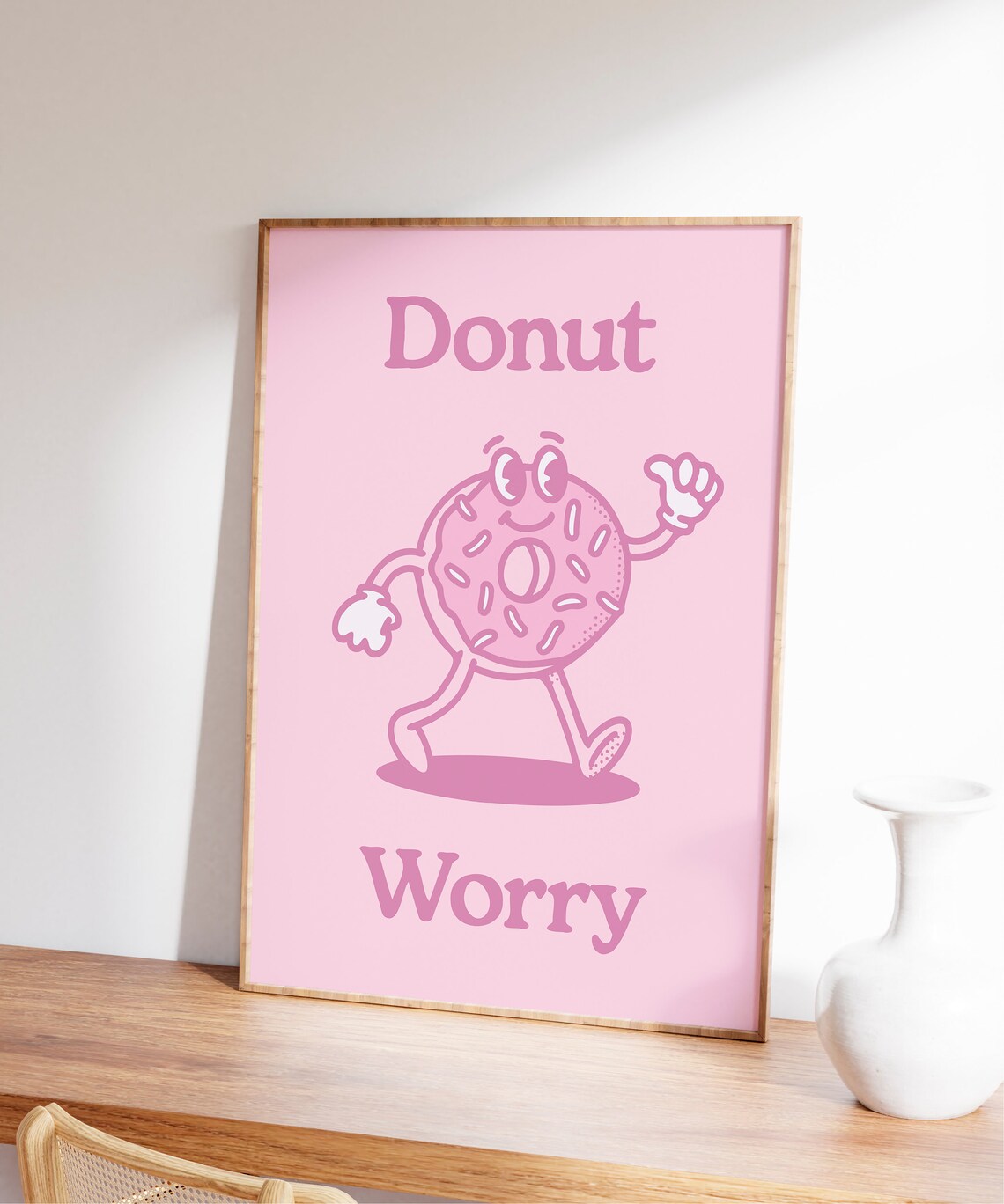 Donut Worry Pun Cute Smiling Sprinkled Donut Pink Cartoon Poster - Image 7